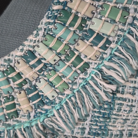 Tory Burch green, cream, teal classic tweed short sleeve top, size 6 - Picture 2 of 10